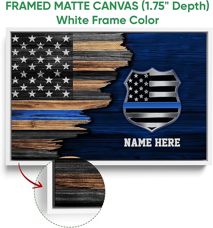 Custom Police Blue Line American Flag Back The Blue Personalized Name Poster & Framed Canvas, Wall Art Home Office Decoration Living Room Bedroom Aesthetic Decor