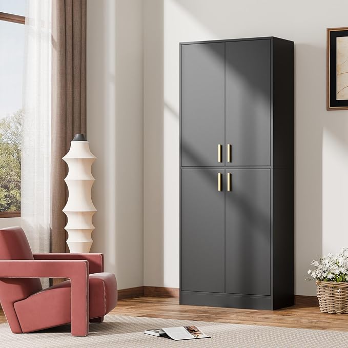 Cozy Castle Kitchen Pantry Cabinet, 71" Tall Wood Storage Cabinet with Doors and Shelves 4 Doors Freestanding Cupboard for Dining Room Living Room Bathroom Furniture, Black | Wood Storage Cabinet, 4 Doors, Utility Hutch, for Dining Room