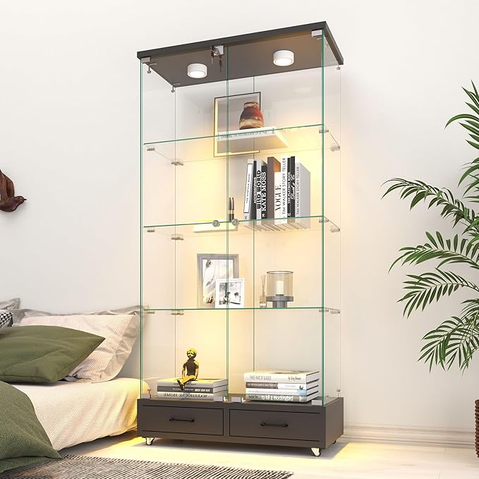 Yoluckea 4 Tier Glass Display Cabinet with LED Lighting and 2 Drawers, 2 Doors Floor Standing Curio Cabinet with Wheel for Home, Office, Corner Display, Black Glass Bookshelf for Collections and Decor