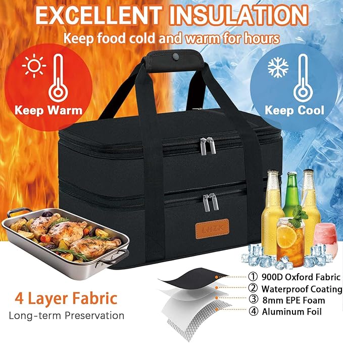LHZK Double Insulated Casserole Carrier, Expandable Casserole Carriers for Hot or Cold Food, Insulated Food Carrier for Travel, Parties, Picnic, Fits 11 x 15 or 9 x 13 Baking Dish (Black)