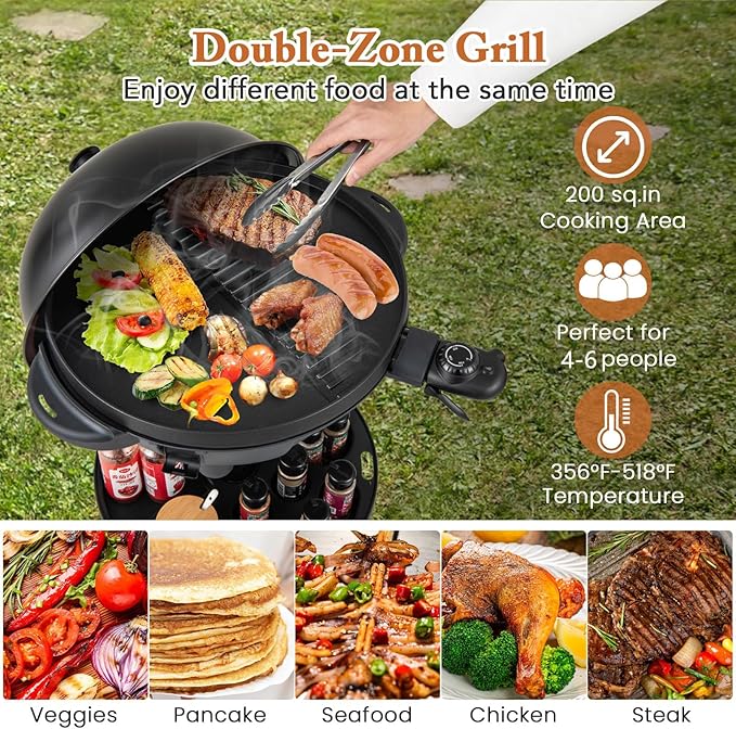 Giantex Electric Grill Outdoor, 1200W Electric BBQ Grills Outdoor Cooking with Lid & Thermometer, Nonstick Griddle, Drip Tray, 2-in-1 Freestanding & Tabletop Grill for Apartments Backyard Party