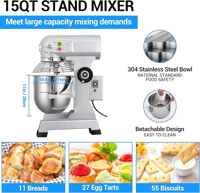 Commercial Food Mixer 15 Qt with 3-Speed Adjustment, 600W Commercial Mixer with Timer, Heavy Duty. Commercial Dough Mixer with Stainless Steel Bowl, Suitable for Bakeries and Pizzerias