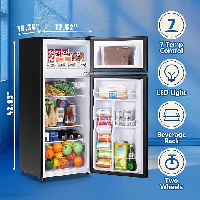 4.5 CU.FT Capacity Compact Refrigerator with Freezer Double Door Mini Fridge Small Apartment Refrigerator with 7 Adjustable Temp Control & 3 Glass Shelves for Kitchen Office Dorm Silver