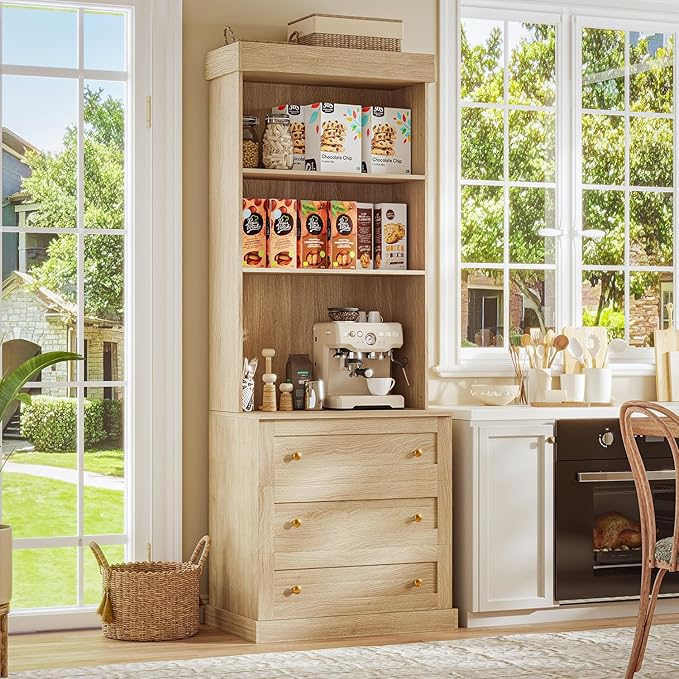 71" Tall Farmhouse Kitchen Pantry Cabinet, Freestanding Coffee Bar Hutch with Microwave Stand, Large Storage Cabinet with Drawers & Adjustable Shelves for Kitchen or Living Room, Rustic Brown
