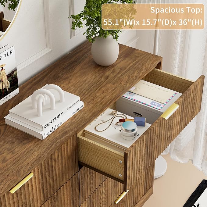 8 Drawer Dresser for Bedroom, Modern Fluted Double Dresser, 55" Wide Chest of Dressers, Mid Century Wooden Beside Table for Closet, Living Room and Entryway, Natural