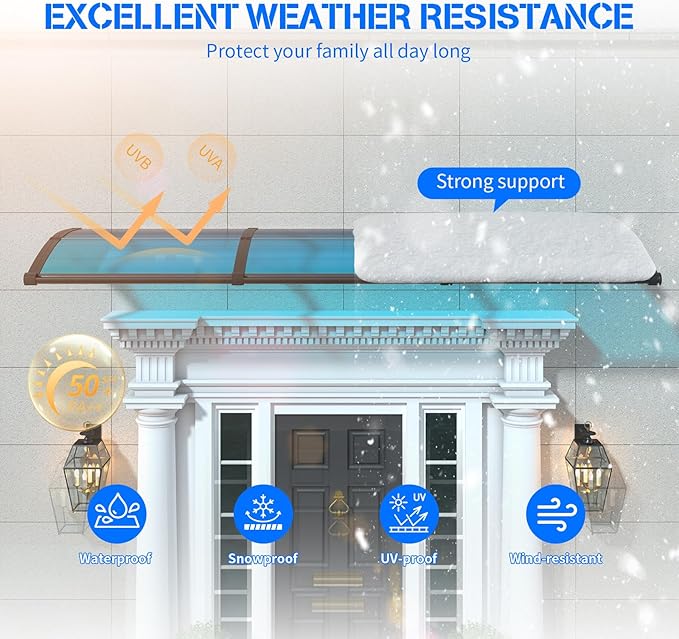 Awning for Door Entrance with Drainage Sink,40x40 Inch Awnings for Doors,Window Canopy Exterior with Plastic Steel Bracket,Polycarbonate Cover,UV,Rain,Snow Protection for House,Porch,Patio,Deck