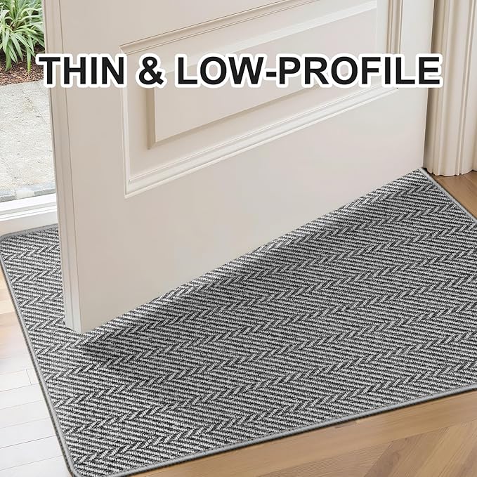 Ultra Thin Door Mat Indoor Entrance 36"x59", Low-Profile Indoor Door Mat, Large Non Slip Entry Mat Rubber Backing Unique Herringbone Design Inside Doormat Dirt Trapper Entryway Mats, Grey