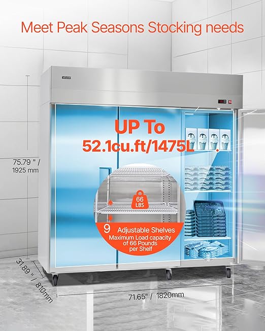 VEVOR Commercial Reach-In Freezer 72" W, 52 Cu.Ft Stainless Steel Upright Freezer with Three Doors, Auto-Defrost, 12 Adjustable Shelves, -11 to 14℉ Temp Control, UL Certified