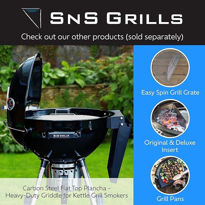 SnS Grills Slow 'N Sear Carbon Steel Flat Top Plancha Griddle - Rotating Durable Griddle for Kettle Grill BBQs - Outdoor Cooking Accessory - Fits 22” Kettles