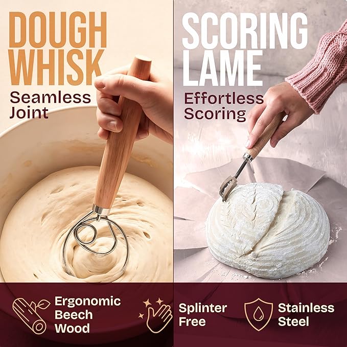 Superbaking Banneton Bread Proofing Basket Set with Silicone Dough Sling, 9" Splinter-Free Proofing Basket, Non-Stick Dutch Oven Liner, Sourdough Starter Kit, Sourdough Bread Baking Supplies & Tools