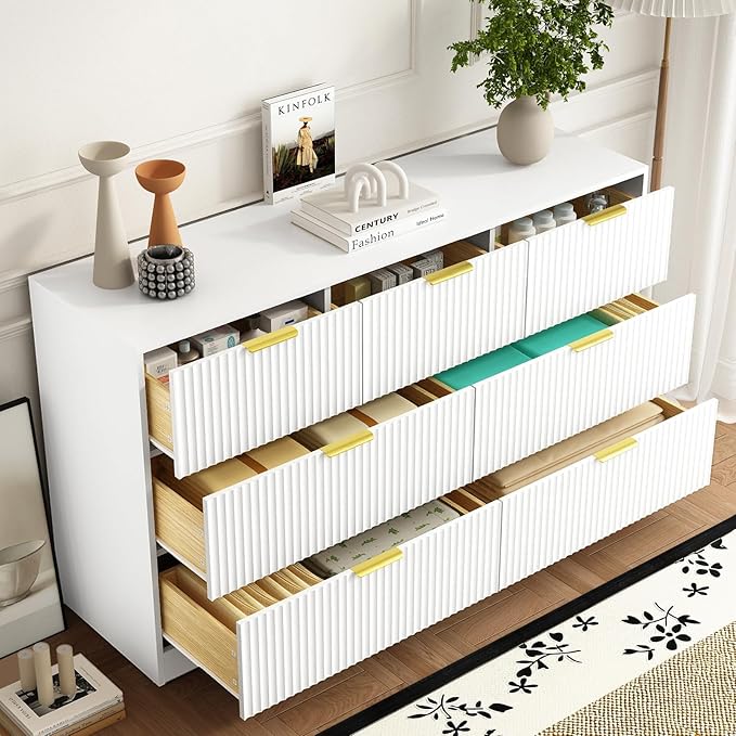 7 Drawers Dresser for Bedroom,55" Wide Fluted Dresser with Deep Drawers, Modern Chest of Drawers, Wood TV Stand Storage Organizer for Closet, Living Room, Hallway, White