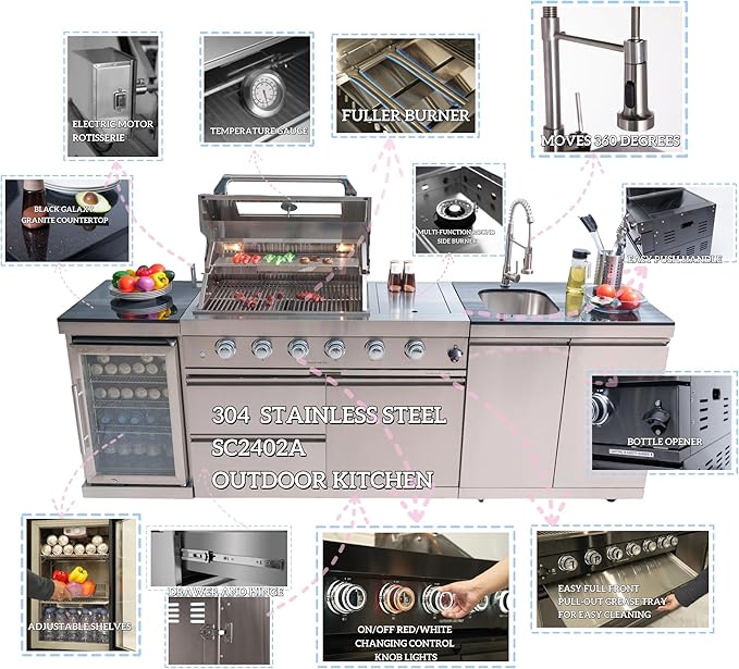 98-Inch Natural Gas Outdoor Kitchen Island - 72000 BTU 4-Burner Grill with Refrigerator, Granite Countertops & Rotisserie, Silver