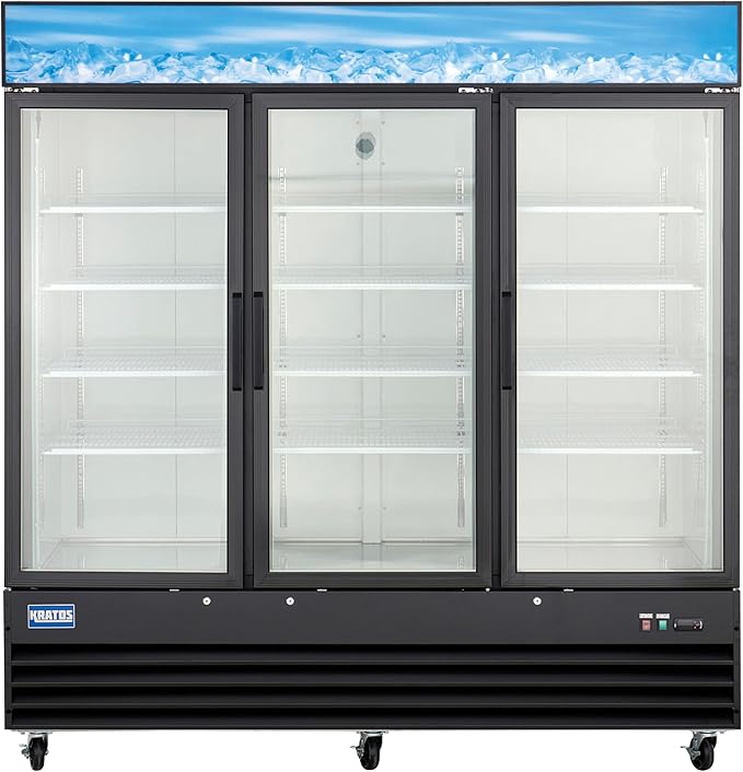 Kratos Commercial Three Door Merchandising Refrigerator, Large Swing Glass Door Black Mobile Display Refrigerator for Markets and C Stores, 78" Wide, LED Lighting, 115V (67K-212)