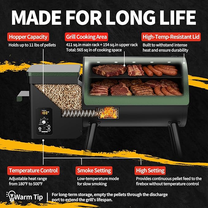 Pellet Smoker Grill Combo, 565 SQ.IN Cooking Area with PID Temperature Control (180-450°F) Electric BBQ Meat Grills & Smokers, Patio Backyard for Roast Outdoor