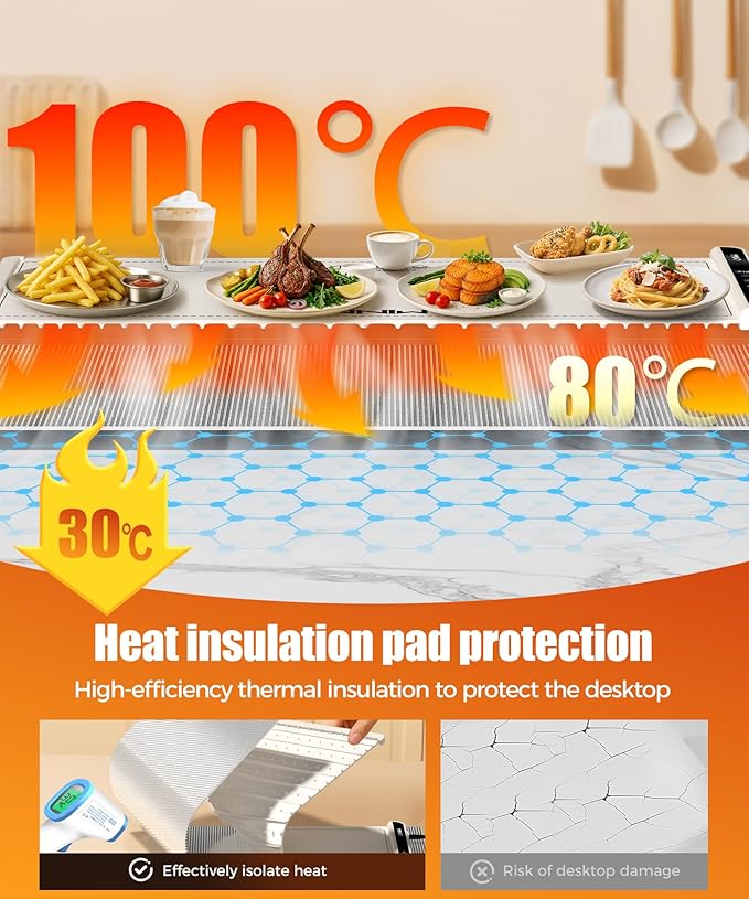 Extra Large Food Warming Mat with Heat-Resistant Pad, 36X15 Inch, 6 Temperature & 6 Timer Settings, Child Lock Safety, Fits More Dishes for Family Dinners and Parties