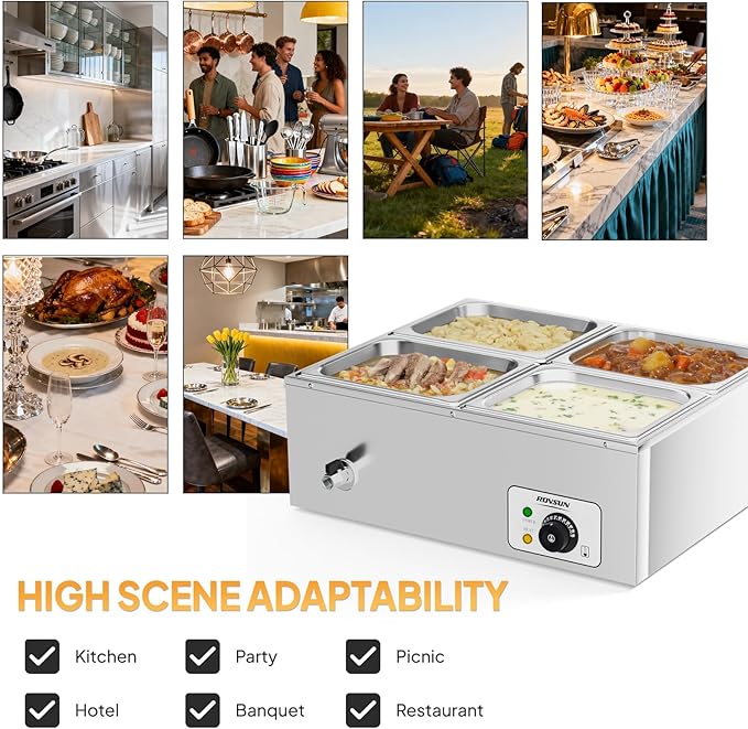 ROVSUN 42.3QT 1200W Electric Commercial Food Warmer, 4-Pan Steam Table 10.6 QT/Pan Stainless Steel Bain Marie Buffet Countertop with Temperature Control & Lid for Parties, Catering, Restaurants 110V