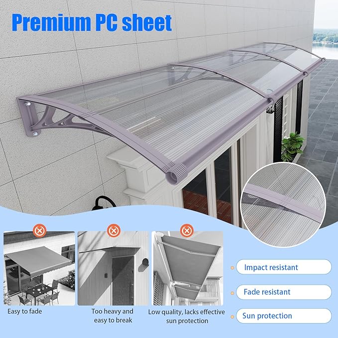 Awning for Door Entrance with Drainage Sink,32x48 Inch Awnings for Doors,Window Canopy Exterior with Plastic Steel Bracket,Polycarbonate Cover,UV,Rain,Snow Protection for House,Porch,Patio,Deck