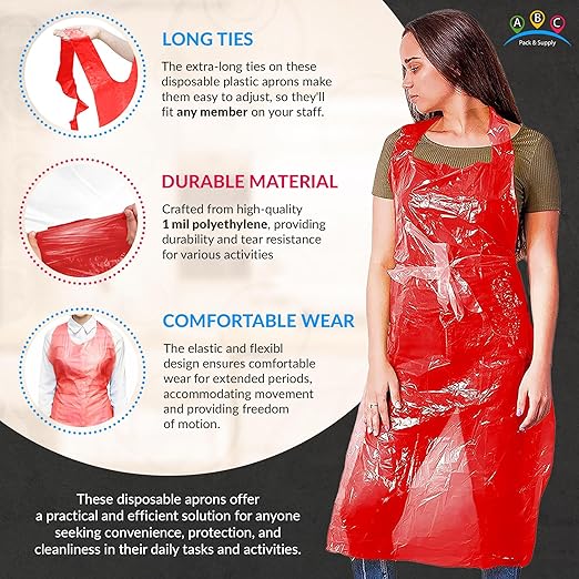 ABC PACK & SUPPLY Red Plastic Disposable Aprons Adults for Painting, 28 x 46 Inches. Pack of 1000 Disposable Plastic Aprons, 1 Mil. Unisex Waterproof Polyethylene Painting Apron for Food Industry
