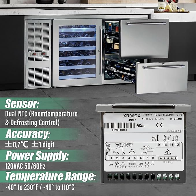 Replacement for Dixell XR06CX-4N1F1 Temperature Controllers, Ideal for 120V 50-60hz Commercial Refrigerators/Freezer,Programmable Digital Thermostat with Sensor Probe & Mounting Hardware