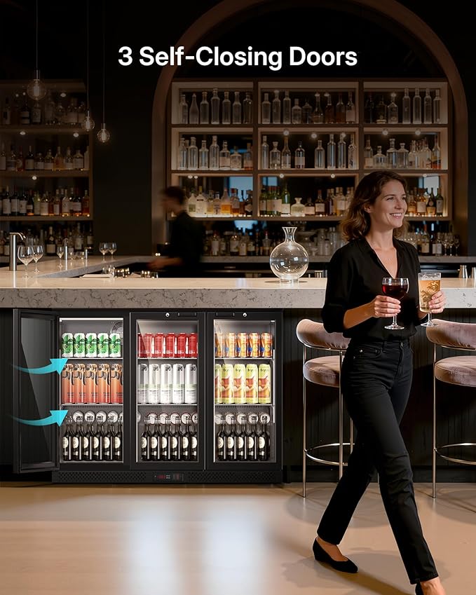 Upstreman 11.4 Cu.Ft Back Bar Cooler With 3 Glass Doors, Commercial Under Counter Beverage Refrigerator, Double-Pane Low-E Glass, Lockable Drink Fridge for Bars, Restaurants, Hotels & Cafes, BB114