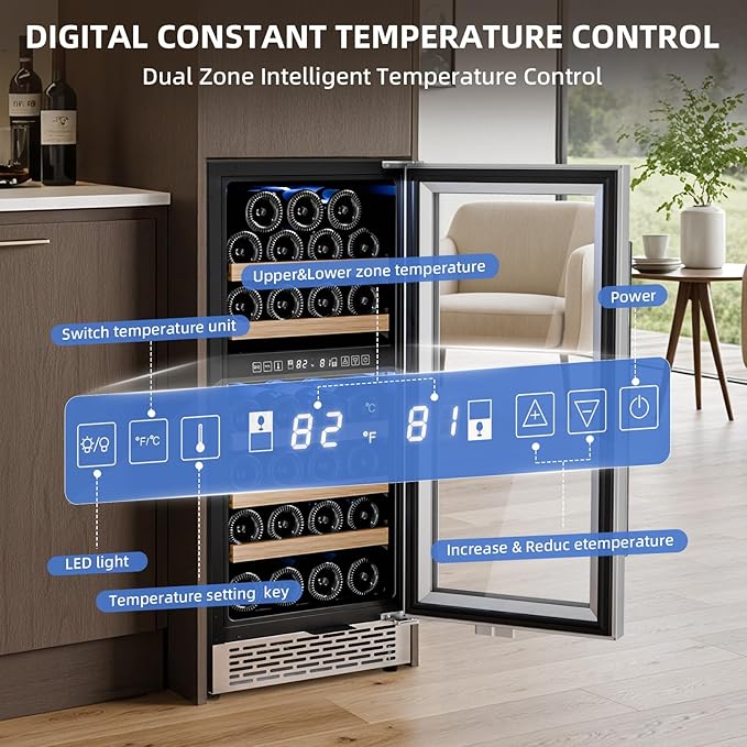 Antarctic Star Wine Fridge 15 Inch Wine Cooler Refrigerator,27 Bottles Dual Zone Freestanding or Bulit-in Wine Cooler Fridge with Stainless Steel Double-Layer Tempered Glass Door,3.1cu.ft