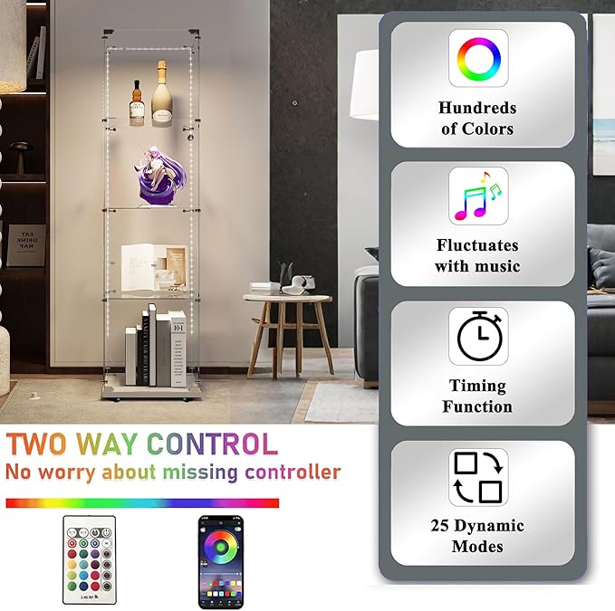 Glass Display Cabinet with LED Light Strip, 4 Shelves with 1 Door, Glass Top Curio Storage Cabinets with Lock & Caster for Living Room, Floor Standing Bookshelf,Quick Installation - White