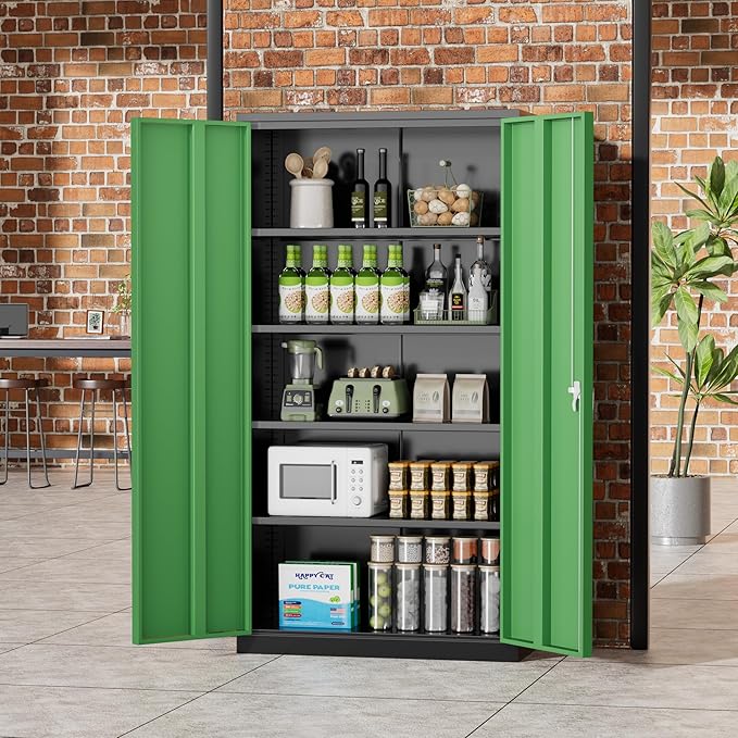 Greenvelly Metal Garage Storage Cabinet with 2 Doors and 4 Adjustable Shelves, 72" HLockable Storage Cabinet,Tall Metal Cabinet Locking File Cabinet for Office,Home, Garage, Gym, School