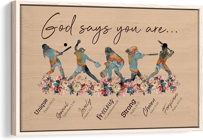 God Says You Are Gifts For Softball Girls Women Fan Vintage Floral Sports Gifts For Girl Poster & Framed Canvas, Wall Art Home Office Decoration Living Room Bedroom Aesthetic Decor