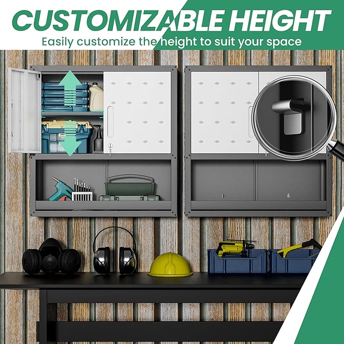 Garage Wall Cabinet,29.5" W Wall Mounted Garage Cabinets with Adjustable Shelf,Heavy Duty Lockable Metal Cabinet,Secure Hanging Tool Cabinet for Basement,Laundry Room,Workshop,Black/Grey