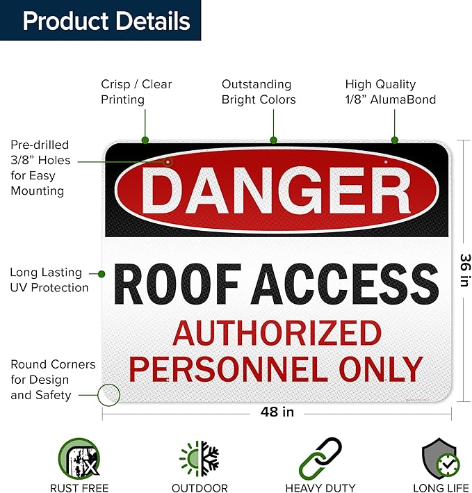 Danger Roof Access Authorized Personnel Only Sign, 36x48 Inches, Reflective, Rust Free DiBound, Fade Resistant, Made in USA by My Sign Center