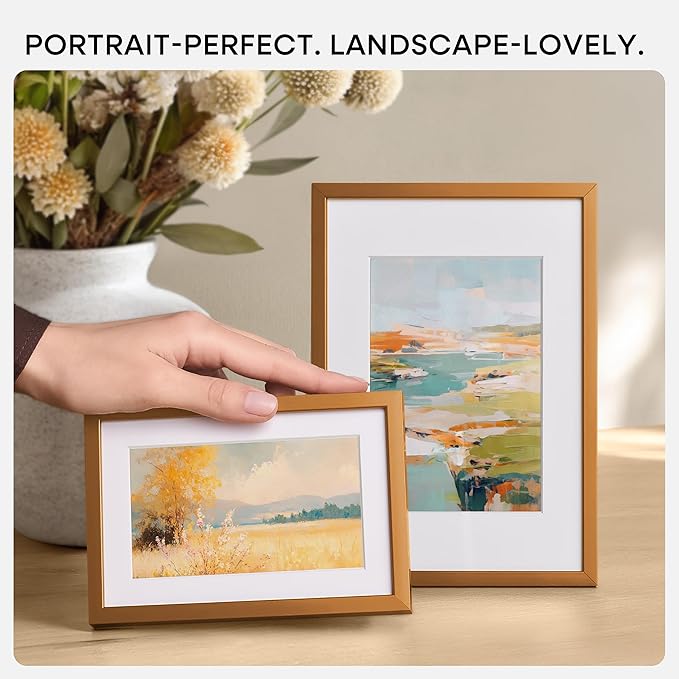 Homeforia 9x12 Frame Bronze, High End Metal 9 x 12 Brass Picture Frames with Mat 7 by 10 inch Photo, 9by12 Poster Frame Matted to 7x10, 12x9 Wall or Tabletop Frames, Tempered Glass, Wall Kit, Set of 2