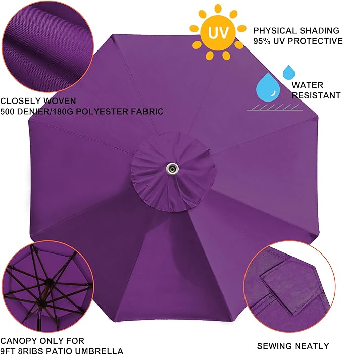 EliteShade USA 9FT Patio Umbrella Replacement Covers 8 Ribs Market Umbrella Canopy Cover (CANOPY ONLY) (Purple)