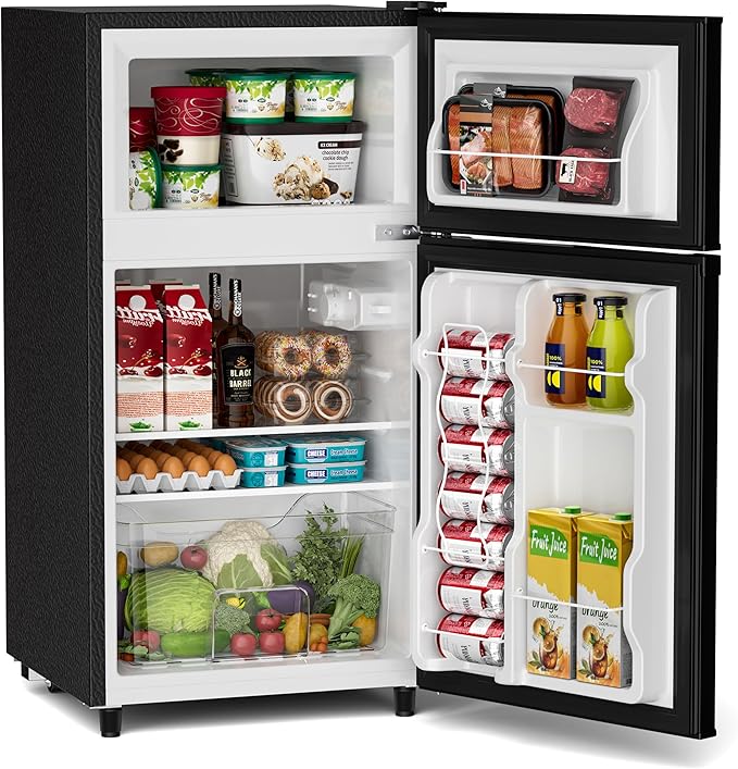 Double Door Refrigerator with Freezer, 3.5 Cu.Ft, Small Fridge with Freezer, 7 Settings Temperature Adjustable, Mini Refrigerator for Office and Apartment Bedroom Dorm(3.5 Cu.Ft, Black)