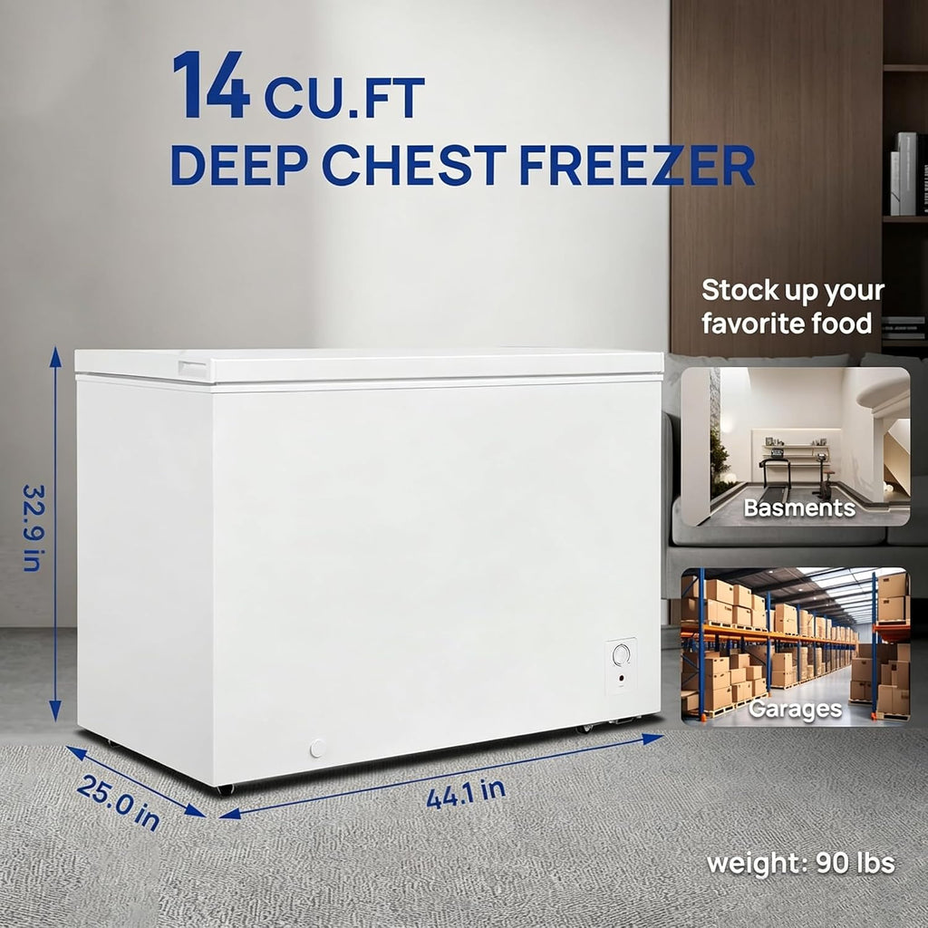 Smad 14 Cu Ft Chest Deep Freezer, Garage Freezers with 7 Level Adjustable Temperature, Top-opening Door with Removable Storage Basket, Energy Saving, Front Drain, White