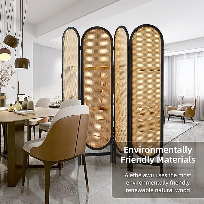 4 Panel Room Divider, Hand-Woven Rattan Room Divider Screen, Folding Privacy Screens with Double Hinges, Wooden Freestanding Wall Divider for Room Separation Bedroom Home Office - Black