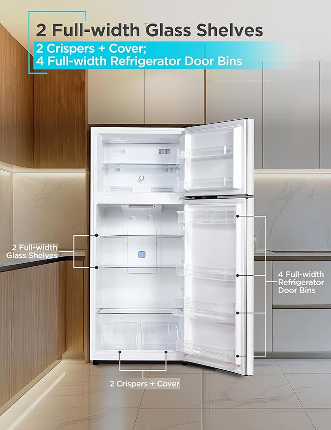 BLACK+DECKER 14.6 Cu. Ft. Top Mount Refrigerator with Freezer, 2 Door Refrigerator with Top Freezer and Adjustable Temperature Control, ENERGY STAR, BR1460HW, White