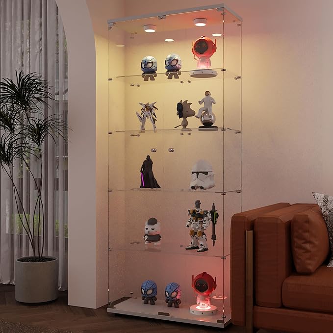 Glass Display Cabinet with LED, 5 Shelves with 2 Doors, Curio Storage Cabinets with Lock for Living Room, Office, Floor Standing Glass Bookshelf, Quick Installation - White