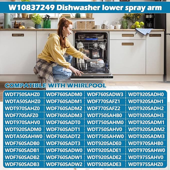 BigHead W10837249 Dishwasher Lower Spray Arm Replacement for Whirlpool Dishwashers Spray Arm, Replaces W10629546 AP5988717 PS11727921 W10838302, Fit Models WDT750SAHZ0 WDTA50SAHZ0 WDT970SAHZ0