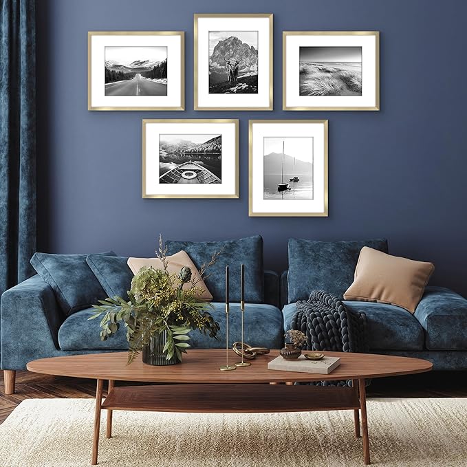 Americanflat 16x20 Picture Frame with Polished Plexiglass - Set of 5 - Use as 11x14 Frame with Mat or Display 16x20 Photo Without Mat - Galleria Collection - Picture Frames for Wall Display - Gold