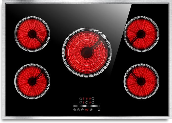 30 Inch Electric Cooktop, 5 Burner Electric Stove Top 6900W, 30" Built-In Ceramic Countertop with Metal Frame, Child Lock, Timer, Slide Control, 220-240V Hardwired (No Plug)