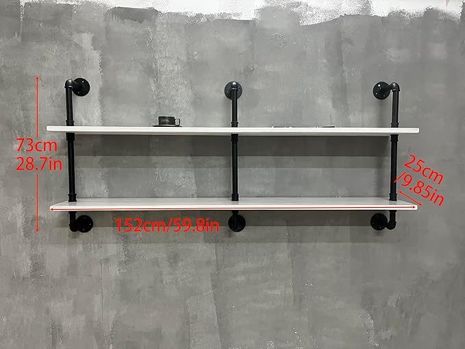 Industrial Pipe Shelving Rustic White Pipe Wall Shelves Industrial Shelves with Wood Planks Floating Shelves 60 Inch Farmhouse Bathroom,Kitchen Shelving Wall Mounted