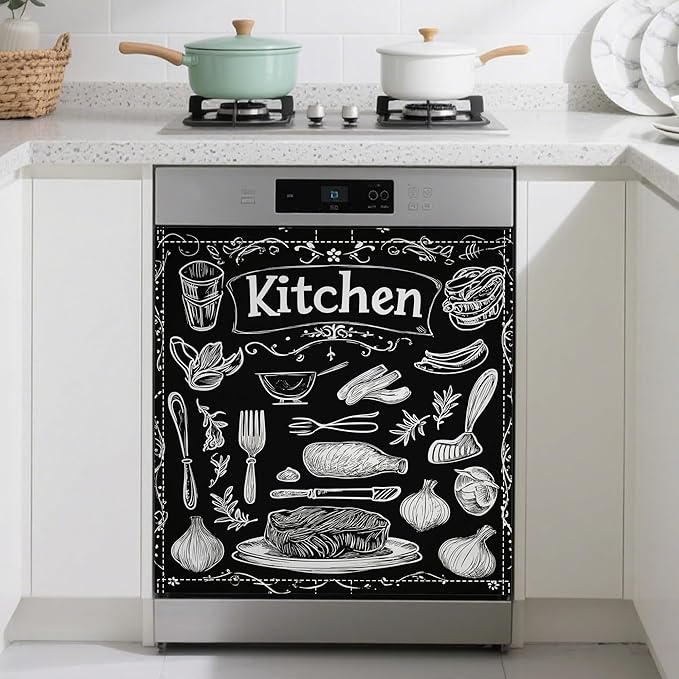 Funny Kitchen Dishwasher Magnet Cover,Black Kitchen Decor Waterproof Refrigerator Magnet Appliance Cover Protector,23Wx26H Inches