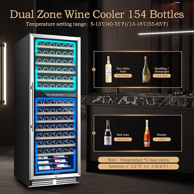 AAOBOSI 24 Inch Dual Zone Wine Fridge, 154 Bottles Wine Cooler Refrigerator，40-65°F Wine Refrigerator with 2 Glass Door，Built-in or Freestanding Fridge for Restaurant, Club, Lounge