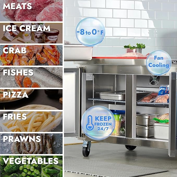 HECMAC 36" Commercial Freezer, 9.68 Cu.ft Worktop Undercounter Fridge with 2 Solid Door, -8~0℉, 18-8 Stainless Steel Interior, ETL&NSF/ANSI 7 for Restaurant, Bar, Shop, Kitchen Use