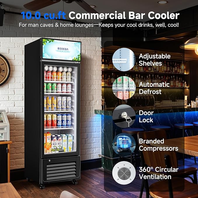 BODEGACOOLER Commercial Beverage Refrigerator and Cooler, 10.0 Cu.Ft Commercial Merchandiser Refrigerator with Soft LED Light, Commercial Fridge, Display Refrigerator with 240 cans & 120 bottles.