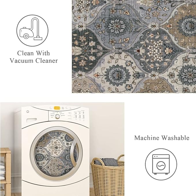 Lahome Moroccan Trellis Washable Area Rugs, 3x5 Rug for Bedroom Entryway Indoor Non-Slip, Small Oriental Accent Carpet for Living Room Kitchen Office, Grey