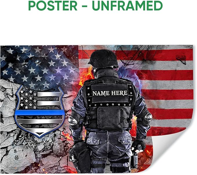 Personalized Police Poster & Framed Canvas, Thin Blue Line American Flag Patriotic Home Office Decor, Custom Name Bedroom Living Room Aesthetic Wall Art Gift For Policeman, Law Enforcement