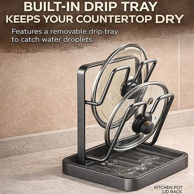 Kitchen Pot Lid Storage Rack, Heat-Resistant Pot Lid Holder While Cooking with Tray, Multifunctional Pot Lid Holder Organizer Rack, Lid and Spoon Rest for Countertop, Stove Top (Single-layer Gray)