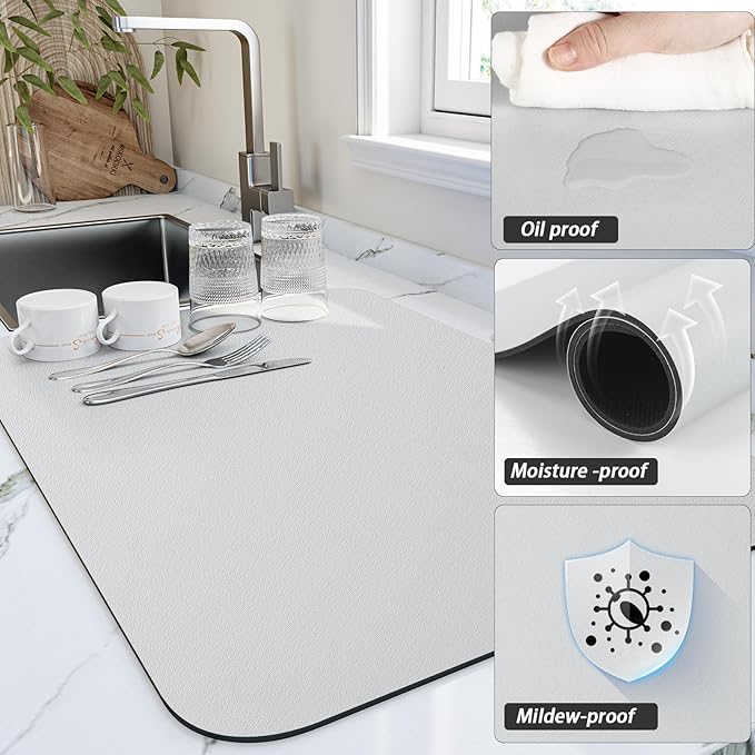 Dish Drying Mat for Kitchen Counter, Heat Resistant Drainer Mats with Non-slip Rubber Backed, Hide Stain Kitchen Super Absorbent Draining Mat, Easy to Clean Dish Rack Pad, Light Grey 16"x18"