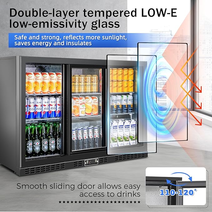 Back Bar Cooler with 3 Sliding Glass Doors 10.5 Cu.ft. ETL Commercial Beverage Refrigerator Black Drink Fridges for Beer, Wine,Soda, Drinks